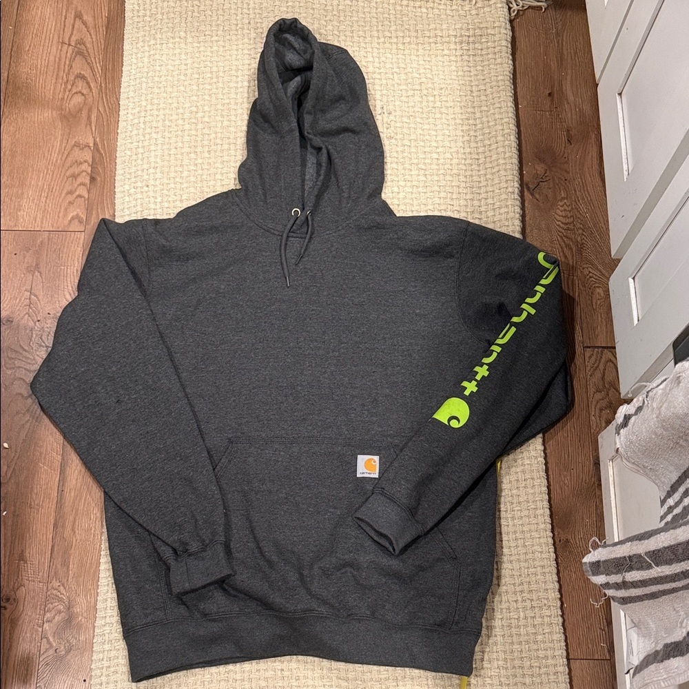 Carhartt Men's Charcoal Hoodie with Neon Green Sleeve
